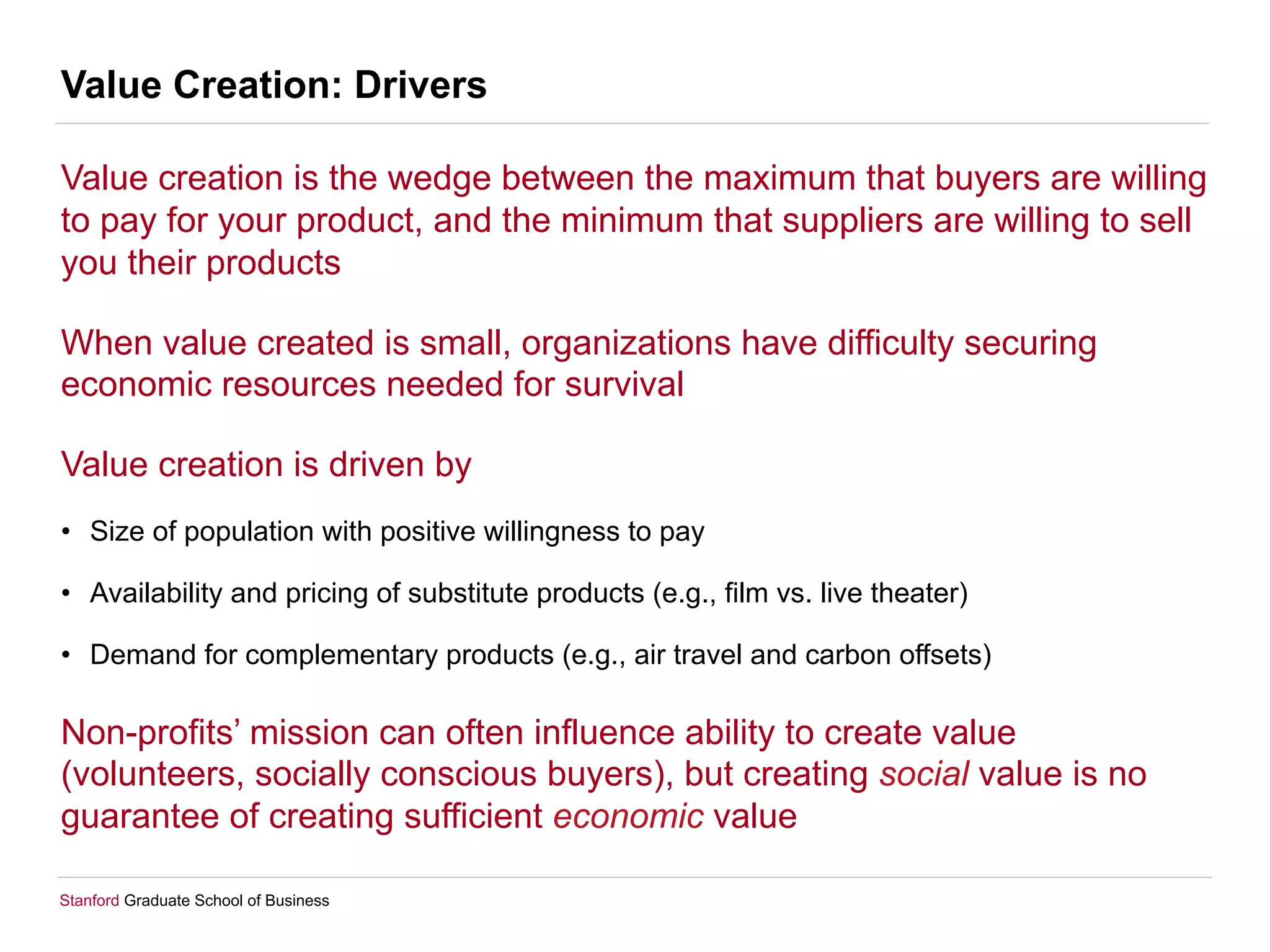 Stanford Graduate School of Business
Value Creation: Drivers
Value creation is the wedge between the maximum that buyers are willing
to pay for your product, and the minimum that suppliers are willing to sell
you their products
When value created is small, organizations have difficulty securing
economic resources needed for survival
Value creation is driven by
•  Size of population with positive willingness to pay
•  Availability and pricing of substitute products (e.g., film vs. live theater)
•  Demand for complementary products (e.g., air travel and carbon offsets)
Non-profits’ mission can often influence ability to create value
(volunteers, socially conscious buyers), but creating social value is no
guarantee of creating sufficient economic value
 