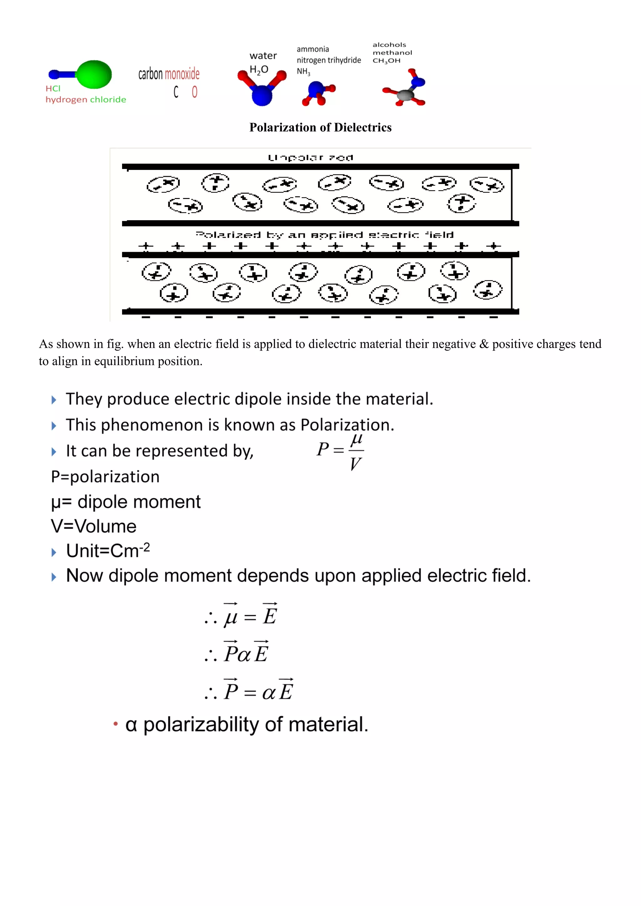 Polarization of Dielectrics
As shown in fig. when an electric field is applied to dielectric material their negative & positive charges tend
to align in equilibrium position.
 
