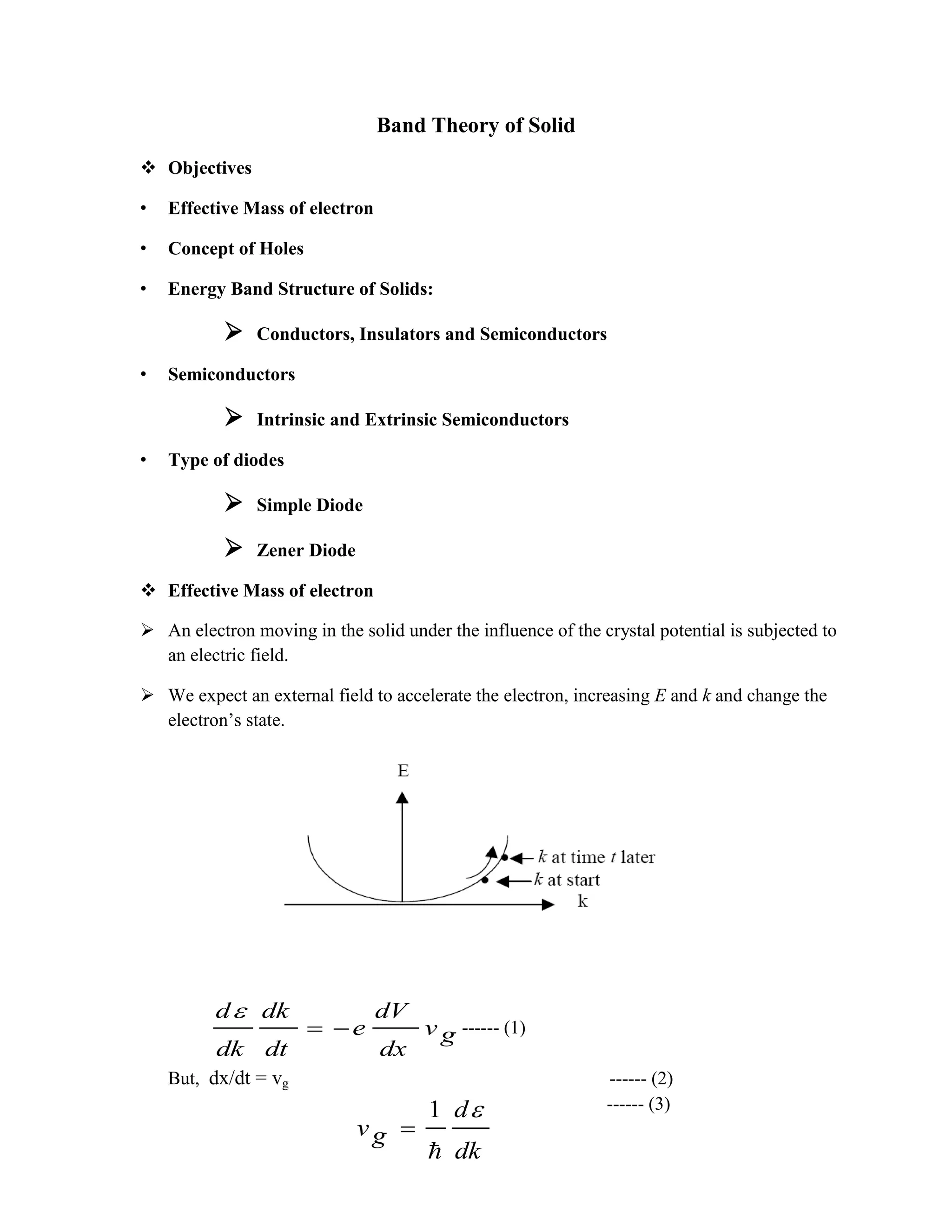 Band Theory of Solid
 Objectives
• Effective Mass of electron
• Concept of Holes
• Energy Band Structure of Solids:
 Conductors, Insulators and Semiconductors
• Semiconductors
 Intrinsic and Extrinsic Semiconductors
• Type of diodes
 Simple Diode
 Zener Diode
 Effective Mass of electron
 An electron moving in the solid under the influence of the crystal potential is subjected to
an electric field.
 We expect an external field to accelerate the electron, increasing E and k and change the
electron’s state.
------ (1)
But, dx/dt = vg ------ (2)
------ (3)
dk
d
gv


1

gv
dx
dV
e
dt
dk
dk
d


 