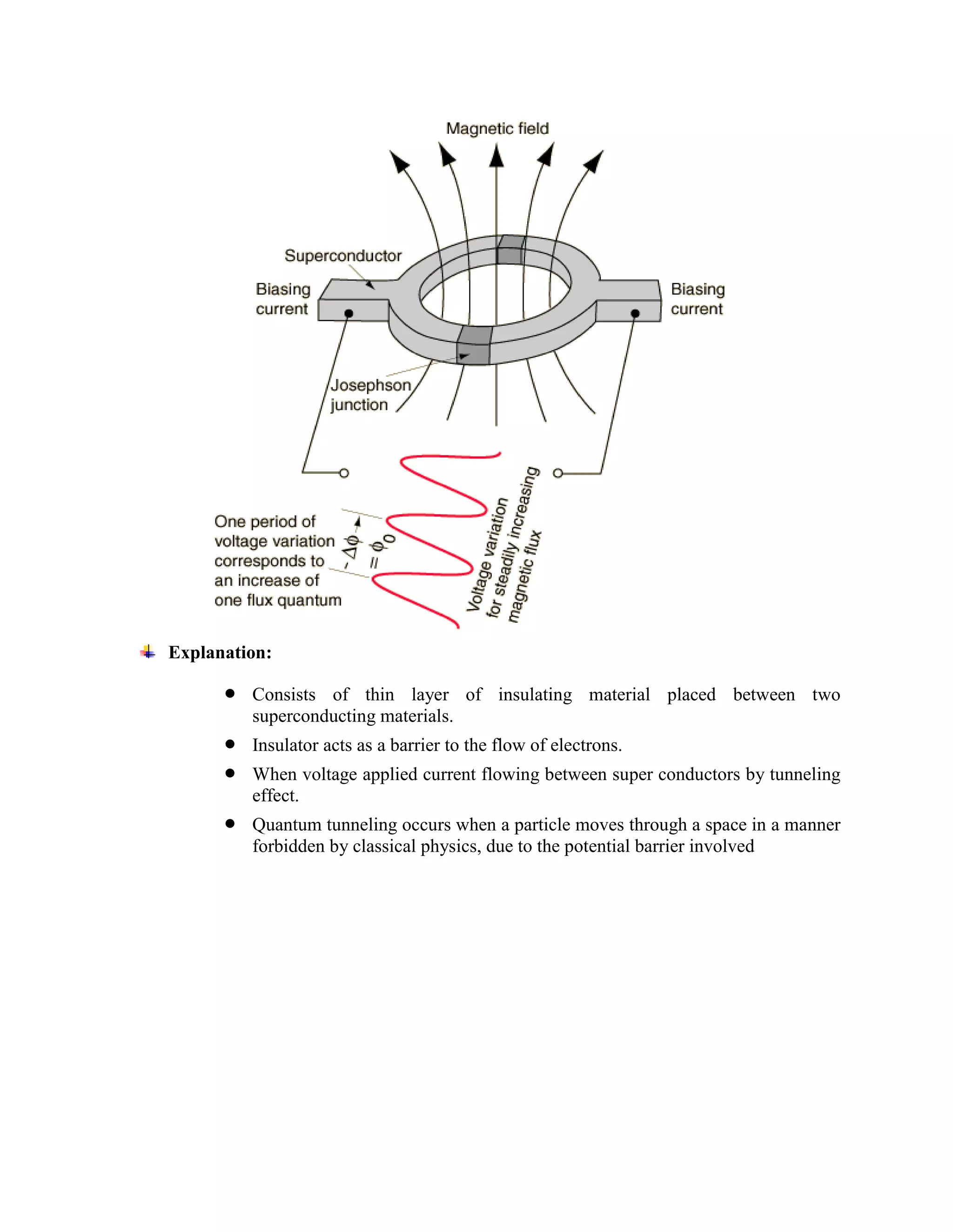 Explanation:
 Consists of thin layer of insulating material placed between two
superconducting materials.
 Insulator acts as a barrier to the flow of electrons.
 When voltage applied current flowing between super conductors by tunneling
effect.
 Quantum tunneling occurs when a particle moves through a space in a manner
forbidden by classical physics, due to the potential barrier involved
 