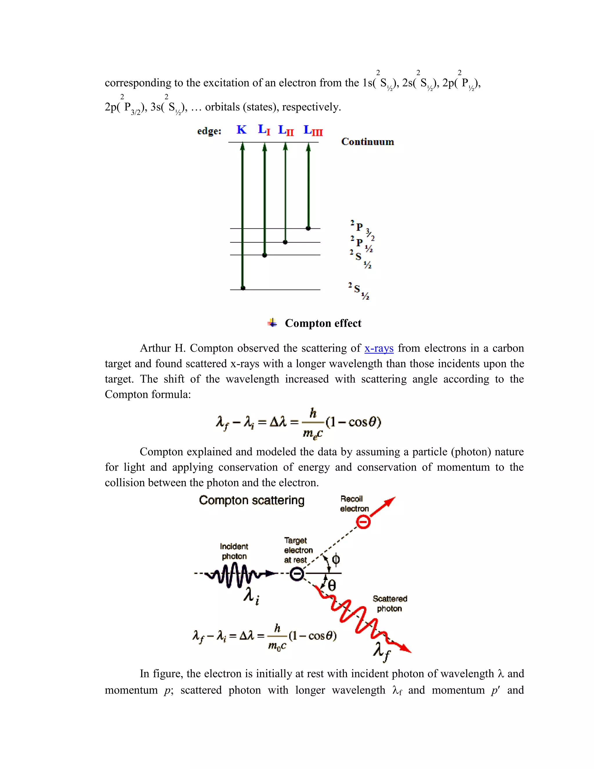 corresponding to the excitation of an electron from the 1s(
2
S½
), 2s(
2
S½
), 2p(
2
P½
),
2p(
2
P3/2
), 3s(
2
S½
), … orbitals (states), respectively.
Compton effect
Arthur H. Compton observed the scattering of x-rays from electrons in a carbon
target and found scattered x-rays with a longer wavelength than those incidents upon the
target. The shift of the wavelength increased with scattering angle according to the
Compton formula:
Compton explained and modeled the data by assuming a particle (photon) nature
for light and applying conservation of energy and conservation of momentum to the
collision between the photon and the electron.
In figure, the electron is initially at rest with incident photon of wavelength and
momentum p; scattered photon with longer wavelength f and momentum p and
 