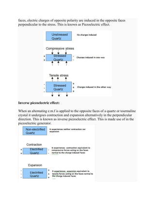 faces, electric charges of opposite polarity are induced in the opposite faces
perpendicular to the stress. This is known as Piezoelectric effect.
Inverse piezoelectric effect:
When an alternating e.m.f is applied to the opposite faces of a quartz or tourmaline
crystal it undergoes contraction and expansion alternatively in the perpendicular
direction. This is known as inverse piezoelectric effect. This is made use of in the
piezoelectric generator.
 