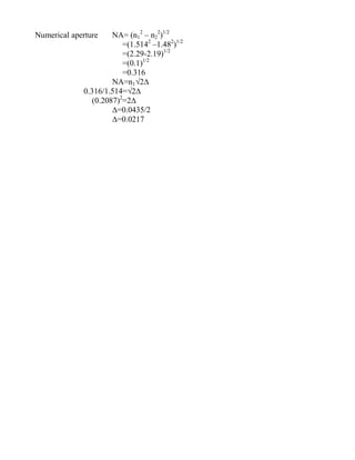 Numerical aperture NA= (n1
2
– n2
2
)1/2
=(1.5142
–1.482
)1/2
=(2.29-2.19)1/2
=(0.1)1/2
=0.316
NA=n1√2∆
0.316/1.514=√2∆
(0.2087)2
=2∆
∆=0.0435/2
∆=0.0217
 