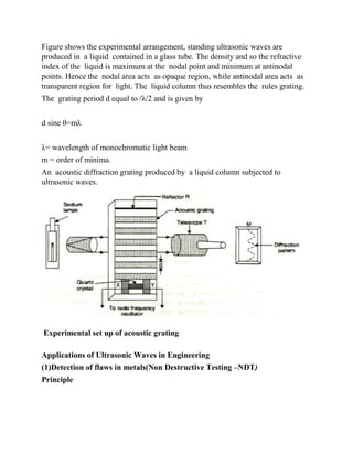 Figure shows the experimental arrangement, standing ultrasonic waves are
produced in a liquid contained in a glass tube. The density and so the refractive
index of the liquid is maximum at the nodal point and minimum at antinodal
points. Hence the nodal area acts as opaque region, while antinodal area acts as
transparent region for light. The liquid column thus resembles the rules grating.
The grating period d equal to /λ/2 and is given by
d sine θ=mλ
λ= wavelength of monochromatic light beam
m = order of minima.
An acoustic diffraction grating produced by a liquid column subjected to
ultrasonic waves.
Experimental set up of acoustic grating
Applications of Ultrasonic Waves in Engineering
(1)Detection of flaws in metals(Non Destructive Testing –NDT)
Principle
 