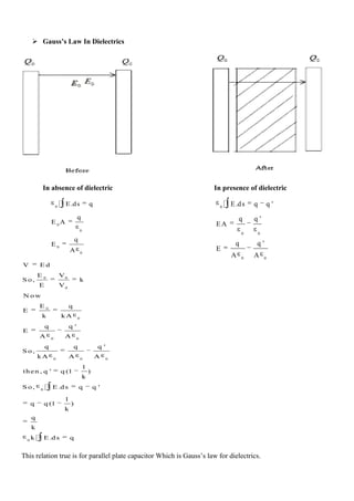  Gauss’s Law In Dielectrics
In absence of dielectric In presence of dielectric
0 0
d
0
0
0 0
0 0 0
0
0
E V
k
E V
E q
E
k kA
q q '
E
A A
q q q '
S o,
kA A A
1
then , q ' q (1 )
k
S o, E.ds
V E d
S
q q '
1
q q (1 )
k
q
k
k E.ds q
o,
N ow
This relation true is for parallel plate capacitor Which is Gauss’s law for dielectrics.
0
0
0
0
0
E.ds q
q
E A
q
E
A
0
0 0
0 0
E.ds q q '
q q '
EA
q q '
E
A A
 