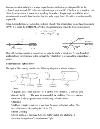 Because the refracted angle is always larger than the incident angle, it is possible for the
refracted angle to reach 90° before the incident angle reaches 90°. If the light were to refract out
of the denser medium, it would then run along the surface. Larger angles would then yield
situations which would force the sine function to be larger than 1.00, which is mathematically
impossible.
When the incident angle reaches the condition whereby the refracted ray would bend to an angle
of 90°, it is called the CRITICAL ANGLE. The critical angle obeys the following equation:
This reflected ray changes in intensity as we vary the angle of incidence. At small incident
angles (almost perpendicular to the surface) the reflected ray is weak and the refracted ray is
strong.
Construction of optical fiber:-
The optical fiber mainly consists the following six parts as shown in figure
Core:
A typical glass fiber consists of a central core material. Generally core
diameter is 50 . The core is surrounded by cladding. The core medium
refractive is always greater than the cladding refractive index.
Cladding
Cladding refractive index is lesser than the cores refractive index. The
over all diameter of cladding is 125 to 200 .
Silicon Coating
Silicon coating is provided between buffer jacket and cladding. It
improves the quality of transmission of light.
 