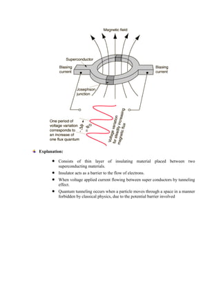 Explanation:
 Consists of thin layer of insulating material placed between two
superconducting materials.
 Insulator acts as a barrier to the flow of electrons.
 When voltage applied current flowing between super conductors by tunneling
effect.
 Quantum tunneling occurs when a particle moves through a space in a manner
forbidden by classical physics, due to the potential barrier involved
 