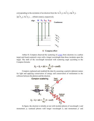 corresponding to the excitation of an electron from the 1s(
2
S½
), 2s(
2
S½
), 2p(
2
P½
),
2p(
2
P3/2
), 3s(
2
S½
), … orbitals (states), respectively.
Compton effect
Arthur H. Compton observed the scattering of x-rays from electrons in a carbon
target and found scattered x-rays with a longer wavelength than those incidents upon the
target. The shift of the wavelength increased with scattering angle according to the
Compton formula:
Compton explained and modeled the data by assuming a particle (photon) nature
for light and applying conservation of energy and conservation of momentum to the
collision between the photon and the electron.
In figure, the electron is initially at rest with incident photon of wavelength and
momentum p; scattered photon with longer wavelength f and momentum p and
 
