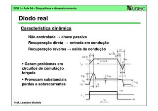 EPO I – Aula 04 – Dispositivos e dimensionamento

Diodo real
Característica dinâmica
Não controlada → chave passiva
Recuperação direta → entrada em condução
Recuperação reversa → saída de condução

Geram problemas em
circuitos de comutação
forçada
Provocam substanciais
perdas e sobrecorrentes

4
Prof. Leandro Michels

 