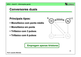 EPO I – Aula 01 – Informações gerais

Conversores duais
Principais tipos:

E1

Retificador

v1,f1

Monofásico com ponto médio
Monofásico em ponte
Trifásico com 3 pulsos
Trifásico com 6 pulsos

Empregam apenas tiristores
25
Prof. Leandro Michels

 