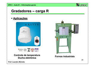 EPO I – Aula 01 – Informações gerais

Gradadores – carga R
Aplicações

Controle de temperatura
Ducha eletrônica

Fornos industriais
28

Prof. Leandro Michels

 