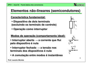 EPO I – Aula 02 – Teoria básica dos conversores

Elementos não-lineares (semicondutores)
Característica fundamental:

ik

Dispositivo de dois terminais
(excluindo os terminais de controle)

+
vk

Operação como interruptor

-

Modos de operação (comportamento ideal):
Interruptor aberto → a corrente que flui
pelo dispositivo é nula
Interruptor fechado → a tensão nos
terminais dos dispositivos é nula
A comutação entre modos é instantânea

vk
ik= 0
vk= 0
ik
5

Prof. Leandro Michels

 
