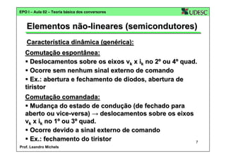 EPO I – Aula 02 – Teoria básica dos conversores

Elementos não-lineares (semicondutores)
Característica dinâmica (genérica):
Comutação espontânea:
Deslocamentos sobre os eixos vk x ik no 2º ou 4º quad.
Ocorre sem nenhum sinal externo de comando
Ex.: abertura e fechamento de diodos, abertura de
tiristor
Comutação comandada:
Mudança do estado de condução (de fechado para
aberto ou vice-versa) → deslocamentos sobre os eixos
vk x ik no 1º ou 3º quad.
Ocorre devido a sinal externo de comando
Ex.: fechamento do tiristor
Prof. Leandro Michels

7

 