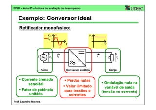 EPO I – Aula 03 – Índices de avaliação de desempenho

Exemplo: Conversor ideal
Retificador monofásico:
vF
iF

vL
t

E

vF

Fonte

Corrente drenada
senoidal
Fator de potência
unitário

iF

t

iL

Conversor estático

Perdas nulas
Valor ilimitado
para tensões e
correntes

Z

vL

Carga

Ondulação nula na
variável de saída
(tensão ou corrente)
3

Prof. Leandro Michels

 