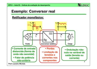 EPO I – Aula 03 – Índices de avaliação de desempenho

Exemplo: Conversor real
Retificador monofásico:
vF
iF

vL
t

E

vF

iF

Fonte

Corrente de entrada
distorcida (forma de
onda não senoidal)
Fator de potência
não-unitário
Prof. Leandro Michels

t

iL

Conversor estático

Perdas
Limitação de
tensões e
correntes nos
compoentes

Z

vL

Carga

Ondulação nãonula na variável de
saída (tensão ou
corrente)
4

 