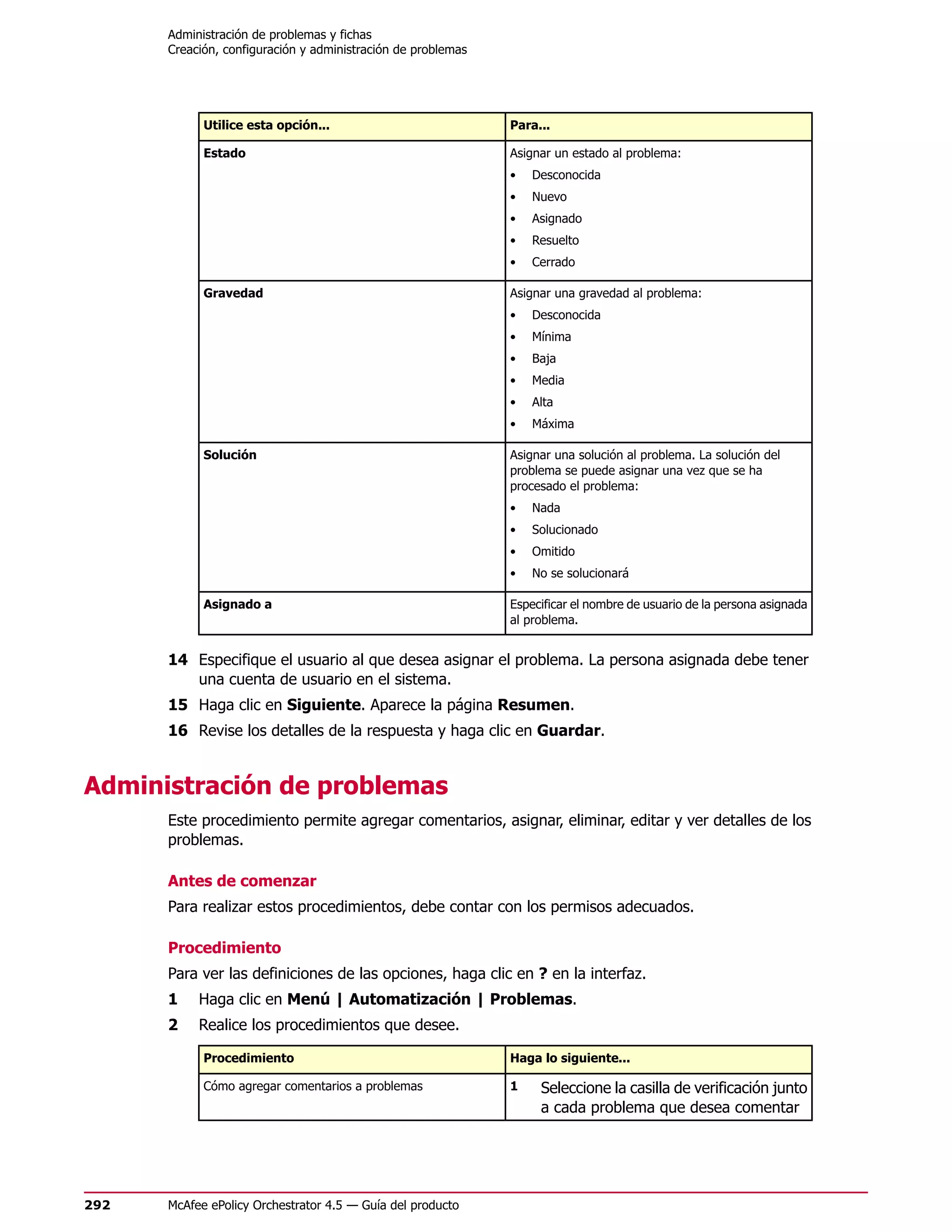 Administración de problemas y fichas
      Creación, configuración y administración de problemas




            Utilice esta opción...                            Para...

            Estado                                            Asignar un estado al problema:
                                                              •   Desconocida
                                                              •   Nuevo
                                                              •   Asignado
                                                              •   Resuelto
                                                              •   Cerrado

            Gravedad                                          Asignar una gravedad al problema:
                                                              •   Desconocida
                                                              •   Mínima
                                                              •   Baja
                                                              •   Media
                                                              •   Alta
                                                              •   Máxima

            Solución                                          Asignar una solución al problema. La solución del
                                                              problema se puede asignar una vez que se ha
                                                              procesado el problema:
                                                              •   Nada
                                                              •   Solucionado
                                                              •   Omitido
                                                              •   No se solucionará

            Asignado a                                        Especificar el nombre de usuario de la persona asignada
                                                              al problema.


      14 Especifique el usuario al que desea asignar el problema. La persona asignada debe tener
         una cuenta de usuario en el sistema.
      15 Haga clic en Siguiente. Aparece la página Resumen.
      16 Revise los detalles de la respuesta y haga clic en Guardar.


Administración de problemas
      Este procedimiento permite agregar comentarios, asignar, eliminar, editar y ver detalles de los
      problemas.

      Antes de comenzar
      Para realizar estos procedimientos, debe contar con los permisos adecuados.

      Procedimiento
      Para ver las definiciones de las opciones, haga clic en ? en la interfaz.
      1    Haga clic en Menú | Automatización | Problemas.
      2    Realice los procedimientos que desee.

            Procedimiento                                     Haga lo siguiente...

            Cómo agregar comentarios a problemas              1    Seleccione la casilla de verificación junto
                                                                   a cada problema que desea comentar




292   McAfee ePolicy Orchestrator 4.5 — Guía del producto
 