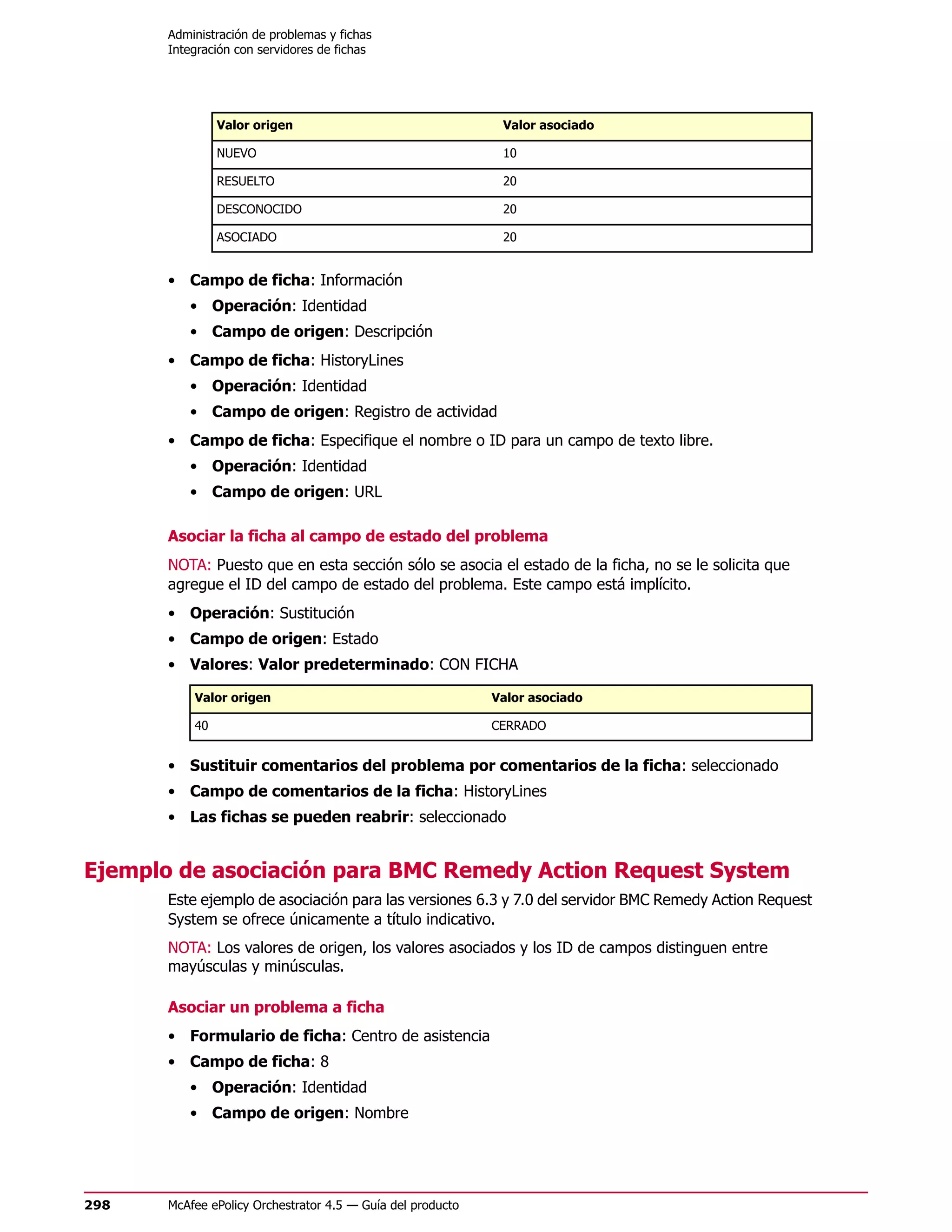 Administración de problemas y fichas
       Integración con servidores de fichas




                Valor origen                                  Valor asociado

                NUEVO                                         10

                RESUELTO                                      20

                DESCONOCIDO                                   20

                ASOCIADO                                      20


       • Campo de ficha: Información
          • Operación: Identidad
          • Campo de origen: Descripción
       • Campo de ficha: HistoryLines
          • Operación: Identidad
          • Campo de origen: Registro de actividad
       • Campo de ficha: Especifique el nombre o ID para un campo de texto libre.
          • Operación: Identidad
          • Campo de origen: URL

       Asociar la ficha al campo de estado del problema
       NOTA: Puesto que en esta sección sólo se asocia el estado de la ficha, no se le solicita que
       agregue el ID del campo de estado del problema. Este campo está implícito.
       • Operación: Sustitución
       • Campo de origen: Estado
       • Valores: Valor predeterminado: CON FICHA

           Valor origen                                      Valor asociado

           40                                                CERRADO


       • Sustituir comentarios del problema por comentarios de la ficha: seleccionado
       • Campo de comentarios de la ficha: HistoryLines
       • Las fichas se pueden reabrir: seleccionado


Ejemplo de asociación para BMC Remedy Action Request System
       Este ejemplo de asociación para las versiones 6.3 y 7.0 del servidor BMC Remedy Action Request
       System se ofrece únicamente a título indicativo.
       NOTA: Los valores de origen, los valores asociados y los ID de campos distinguen entre
       mayúsculas y minúsculas.

       Asociar un problema a ficha
       • Formulario de ficha: Centro de asistencia
       • Campo de ficha: 8
          • Operación: Identidad
          • Campo de origen: Nombre




298    McAfee ePolicy Orchestrator 4.5 — Guía del producto
 