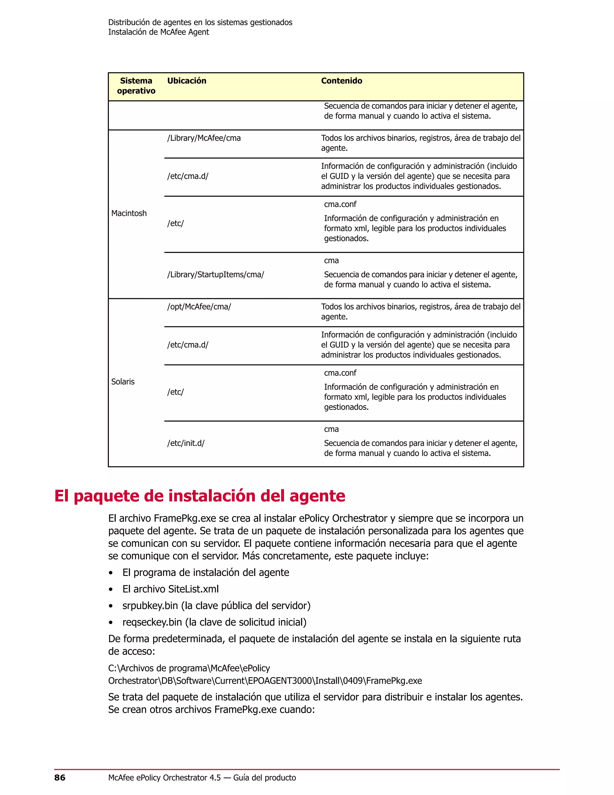 Distribución de agentes en los sistemas gestionados
      Instalación de McAfee Agent




         Sistema      Ubicación                             Contenido
        operativo
                                                            Secuencia de comandos para iniciar y detener el agente,
                                                            de forma manual y cuando lo activa el sistema.

                      /Library/McAfee/cma                   Todos los archivos binarios, registros, área de trabajo del
                                                            agente.

                                                            Información de configuración y administración (incluido
                      /etc/cma.d/                           el GUID y la versión del agente) que se necesita para
                                                            administrar los productos individuales gestionados.

                                                            cma.conf
       Macintosh
                                                            Información de configuración y administración en
                      /etc/
                                                            formato xml, legible para los productos individuales
                                                            gestionados.

                                                            cma
                      /Library/StartupItems/cma/            Secuencia de comandos para iniciar y detener el agente,
                                                            de forma manual y cuando lo activa el sistema.

                      /opt/McAfee/cma/                      Todos los archivos binarios, registros, área de trabajo del
                                                            agente.

                                                            Información de configuración y administración (incluido
                      /etc/cma.d/                           el GUID y la versión del agente) que se necesita para
                                                            administrar los productos individuales gestionados.

                                                            cma.conf
       Solaris
                                                            Información de configuración y administración en
                      /etc/
                                                            formato xml, legible para los productos individuales
                                                            gestionados.

                                                            cma
                      /etc/init.d/                          Secuencia de comandos para iniciar y detener el agente,
                                                            de forma manual y cuando lo activa el sistema.




El paquete de instalación del agente
      El archivo FramePkg.exe se crea al instalar ePolicy Orchestrator y siempre que se incorpora un
      paquete del agente. Se trata de un paquete de instalación personalizada para los agentes que
      se comunican con su servidor. El paquete contiene información necesaria para que el agente
      se comunique con el servidor. Más concretamente, este paquete incluye:
      • El programa de instalación del agente
      • El archivo SiteList.xml
      • srpubkey.bin (la clave pública del servidor)
      • reqseckey.bin (la clave de solicitud inicial)
      De forma predeterminada, el paquete de instalación del agente se instala en la siguiente ruta
      de acceso:
      C:Archivos de programaMcAfeeePolicy
      OrchestratorDBSoftwareCurrentEPOAGENT3000Install0409FramePkg.exe
      Se trata del paquete de instalación que utiliza el servidor para distribuir e instalar los agentes.
      Se crean otros archivos FramePkg.exe cuando:




86    McAfee ePolicy Orchestrator 4.5 — Guía del producto
 