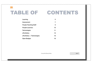 TABLE OF CONTENTS
Learning
 5
Assessment
 7
People-Teaching Staff
 9
People-Learners
 10
Technologies
 11
ePortfolios
 13
ePortfolios — Technologies
 16
Open Badges
 18

Europortfolio Maturity Matrix

page 4
TABLE OF CONTENTS
Learning
 5
Assessment
 7
People-Teaching Staff
 9
People-Learners
 10
Technologies
 11
ePortfolios
 13
ePortfolios — Technologies
 16
Open Badges
 18

Europortfolio Maturity Matrix

page 4
 