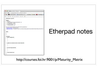 http://courses.foi.hr:9001/p/Maturity_Matrix
Etherpad notes
 