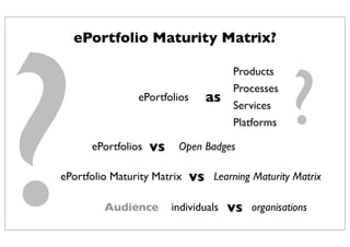 ?
ePortfolio Maturity Matrix?
ePortfolios
Products
Processes
Services
Platforms
as
ePortfolios vs Open Badges
ePortfolio Maturity Matrix vs Learning Maturity Matrix
Audience individuals vs organisations
?
 