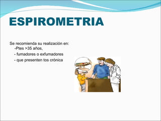 ESPIROMETRIA Se recomienda su realización en: -Ptes >35 años,  - fumadores o exfumadores - que presenten tos crónica  