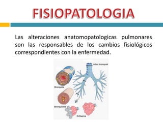 Las alteraciones anatomopatologicas pulmonares
son las responsables de los cambios fisiológicos
correspondientes con la enfermedad.
 
