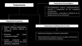 Tratamiento
Tratamiento Preventivo
• Mujeres atópicas embarazadas
• Hijos de padres atópicos o
asmáticos.
• Personas con fuerte
componente atópico.
• Control ambiental : zona
habitacional y laboral así como
alimentos, medicación
Tratamiento Profiláctico De La Crisis
• Abolición de alergenos e irritantes responsables.
• Hiposensibilización mediante vacunas: no deben administrarse
si hay síntomas respiratorios o infección.
Tratamiento Farmacológico.
• Broncodilatadores (aminas simpaticomiméticas,
xantinas y antagonistas de los receptores
muscarínicos).
• Antinflamatorios (esteroides e inhibidores de la
desgranulación de los mastocitos).
 