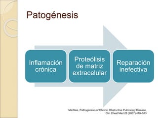Patogénesis
Inflamación
crónica
Proteólisis
de matriz
extracelular
Reparación
inefectiva
MacNee, Pathogenesis of Chronic Obstructive Pulmonary Disease,
Clin Chest Med 28 (2007) 479–513
 