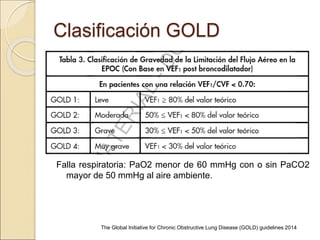 Clasificación GOLD
Falla respiratoria: PaO2 menor de 60 mmHg con o sin PaCO2
mayor de 50 mmHg al aire ambiente.
The Global Initiative for Chronic Obstructive Lung Disease (GOLD) guidelines 2014
 