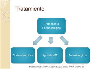 Tratamiento
Tratamiento
Farmacológico
Agonistas B2 AnticolinérgicosCorticoesteroides
The Global Initiative for Chronic Obstructive Lung Disease (GOLD) guidelines 2014
 