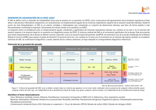 Documentos www.1aria.com
SINDROME DE AGUDIZACIÓN DE LA EPOC (SAE)5
El SAE se define como un episodio de inestabilidad clínica que se produce en un paciente con EPOC como consecuencia del agravamiento de la limitación espiratoria al flujo
aéreo o del proceso inflamatorio subyacente y se caracteriza por un empeoramiento agudo de los síntomas respiratorios respecto de la situación basal del individuo. Desde el
punto de vista fisiopatológico, el SAE es un evento complejo y heterogéneo que comprende un conjunto de alteraciones diversas, que bien de forma aislada o más
frecuentemente combinada se expresan clínicamente de manera similar en el paciente con EPOC.
La sospecha clínica se establecerá ante un empeoramiento agudo, mantenido y significativo de síntomas respiratorios (disnea, tos, cambios en el color o en el volumen del
esputo) respecto a la situación basal en un paciente con diagnóstico previo de EPOC. El síntoma cardinal del SAE es el incremento significativo de la disnea. Para documentar
que existe empeoramiento de la disnea se deberá conocer y describir cuál es la situación basal del paciente. GesEPOC recomienda el uso de la escala modificada de la Medical
Research Council (mMRC) para valorar el grado de disnea10. El aumento de la tos o los cambios en el color y/o el incremento en el volumen del esputo también se consideran
síntomas de SAE. Se confirmará el diagnóstico cuando, además de los criterios anteriores, se haya realizado el correspondiente diagnóstico diferencial.
Valoración de la gravedad del episodio
Figura 7. Criterios de gravedad del SAE. Leve: se deben cumplir todos los criterios que aparecen con el color verde; moderado: ante la presencia de cualquier criterio amarillo; grave:
cualquier criterio de color rojo, con independencia de la estratificación basal de riesgo; muy grave: cualquier criterio morado, con independencia de la estratificación basal de riesgo.
Identificar el factor desencadenante.
Virus: Rhinovirus (resfriado común), Influenza, Parainfluenza, Coronavirus (incluyendo el SARS-CoV-2), Adenovirus, Virus respiratorio sincitial
Bacterias: Haemophilus influenzae, Streptococcus pneumoniae, Moraxella catarrhalis, Pseudomonas aeruginosa, Organismos atípicos; Chlamydophila pneumoniae,
Mycoplasma pneumoniae.
Contaminación ambiental Ozono (O3), Partículas en suspensión ≤ 10 μm de diámetro (PM10), Dióxido de sulfuro (SO2), Dióxido de nitrógeno (NO2)
 