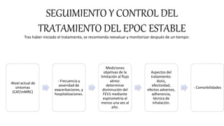 SEGUIMIENTO Y CONTROL DEL
TRATAMIENTO DEL EPOC ESTABLE
Tras haber iniciado el tratamiento, se recomienda reevaluar y monitorizar después de un tiempo:
-Nivel actual de
síntomas
(CAT/mMRC)
- Frecuencia y
severidad de
exacerbaciones, y
hospitalizaciones.
Mediciones
objetivas de la
limitación al flujo
aéreo:
determinar
disminución del
FEV1 mediante
espirometría al
menos una vez al
año.
Aspectos del
tratamiento:
dosis,
efectividad,
efectos adversos,
adherencia,
técnica de
inhalación.
- Comorbilidades
 