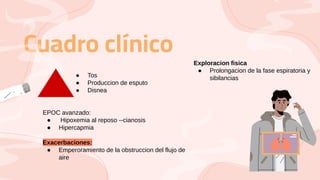 Cuadro clínico
EPOC avanzado:
● Hipoxemia al reposo --cianosis
● Hipercapmia
Exacerbaciones:
● Emperoramiento de la obstruccion del flujo de
aire
Exploracion fisica
● Prolongacion de la fase espiratoria y
sibilancias
● Tos
● Produccion de esputo
● Disnea
 