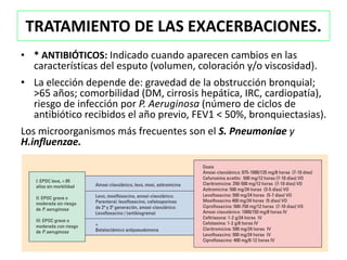 TRATAMIENTO DE LAS EXACERBACIONES.
• * ANTIBIÓTICOS: Indicado cuando aparecen cambios en las
  características del esputo (volumen, coloración y/o viscosidad).
• La elección depende de: gravedad de la obstrucción bronquial;
  >65 años; comorbilidad (DM, cirrosis hepática, IRC, cardiopatía),
  riesgo de infección por P. Aeruginosa (número de ciclos de
  antibiótico recibidos el año previo, FEV1 < 50%, bronquiectasias).
Los microorganismos más frecuentes son el S. Pneumoniae y
H.influenzae.
 