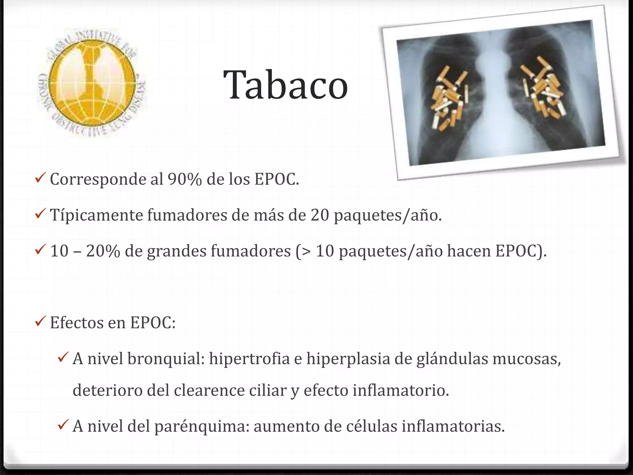Tabaco
 Corresponde al 90% de los EPOC.
 Típicamente fumadores de más de 20 paquetes/año.
 10 – 20% de grandes fumadores (> 10 paquetes/año hacen EPOC).
 Efectos en EPOC:
 A nivel bronquial: hipertrofia e hiperplasia de glándulas mucosas,
deterioro del clearence ciliar y efecto inflamatorio.
 A nivel del parénquima: aumento de células inflamatorias.
 