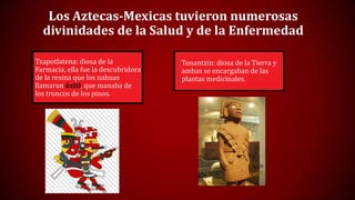 Los Aztecas-Mexicas tuvieron numerosas
divinidades de la Salud y de la Enfermedad
Tzapotlatena: diosa de la
Farmacia, ella fue la descubridora
de la resina que los nahuas
llamaron úxitl, que manaba de
los troncos de los pinos.

Tonantzin: diosa de la Tierra y
ambas se encargaban de las
plantas medicinales.

 