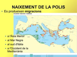 NAIXEMENT DE LA POLIS
Es produeixen migracions




  a l'Àsia Menor
  al Mar Negre
  al sud d'Itàlia
  a l'Occident de la
  Mediterrània
 