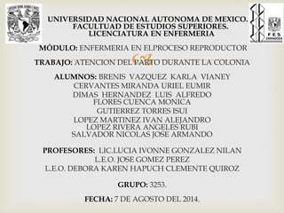 
UNIVERSIDAD NACIONAL AUTONOMA DE MEXICO.
FACULTUAD DE ESTUDIOS SUPERIORES.
LICENCIATURA EN ENFERMERIA
MÓDULO: ENFERMERIA EN ELPROCESO REPRODUCTOR
TRABAJO: ATENCION DEL PARTO DURANTE LA COLONIA
ALUMNOS: BRENIS VAZQUEZ KARLA VIANEY
CERVANTES MIRANDA URIEL EUMIR
DIMAS HERNANDEZ LUIS ALFREDO
FLORES CUENCA MONICA
GUTIERREZ TORRES ISUI
LOPEZ MARTINEZ IVAN ALEJANDRO
LOPEZ RIVERA ANGELES RUBI
SALVADOR NICOLAS JOSE ARMANDO
PROFESORES: LIC.LUCIA IVONNE GONZALEZ NILAN
L.E.O. JOSE GOMEZ PEREZ
L.E.O. DEBORA KAREN HAPUCH CLEMENTE QUIROZ
GRUPO: 3253.
FECHA: 7 DE AGOSTO DEL 2014.
 