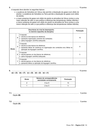 5. ...................................................................................................................................................... 10 pontos
1. A resposta deve abordar os seguintes tópicos:
• a ausência de hidrosfera em Vénus não permite a dissolução de gases (com efeito de
estufa) / a existência de hidrosfera na Terra permite a dissolução de gases (com efeito
de estufa);
• a maior presença de gases com efeito de estufa na atmosfera de Vénus conduz a uma
maior retenção de calor (o que justifica a diferença das temperaturas médias referida) /
a menor presença de gases com efeito de estufa na atmosfera da Terra conduz a uma
menor retenção de calor (o que justifica a diferença das temperaturas médias referida).
6. ...................................................................................................................................................... 10 pontos
(a) – (3); (b) – (7); (c) – (5); (d) – (2); (e) – (1)
1.
7.1. ................................................................................................................................................... 5 pontos
Opção (B)
7.2. ................................................................................................................................................... 5 pontos
Opção (A)
Níveis
Número de correspondências
assinaladas correctamente
Pontuação
2 4 ou 5 10
1 2 ou 3 5
Descritores do nível de desempenho
no domínio específico da disciplina
Pontuação
Níveis
4
A resposta:
• aborda os dois tópicos de referência;
• apresenta organização coerente dos conteúdos;
• aplica linguagem científica adequada.
10
3
A resposta:
• aborda os dois tópicos de referência;
• apresenta falhas de coerência na organização dos conteúdos e/ou falhas na
aplicação da linguagem científica.
8
2
A resposta:
• aborda apenas um dos tópicos de referência;
• aplica linguagem científica adequada.
5
1
A resposta:
• aborda apenas um dos tópicos de referência;
• apresenta falhas na aplicação da linguagem científica.
3
Prova 702 • Página C/6/ 10
 