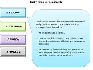 Cuatro medios principalmente:



 LA RELIGIÓN:


                      La educación helénica fue fundamentalmente moral
                      y religiosa. Este aspecto constituía la más viva
LA LITERATURA:        preocupación de los padres.

                      - no era dogmática ni formal.

                      - Las estatuas de los dioses, por la belleza de sus
 LA MÚSICA:
                        formas despertaban en él la idea y el deseo de la
                        perfección.

                      - Finalmente las fiestas públicas, sus encantos de
LA GIMNASIA:            alma y cuerpo, la corona sagrada y poder actuar
                        particularmente cerca de los altares.
 