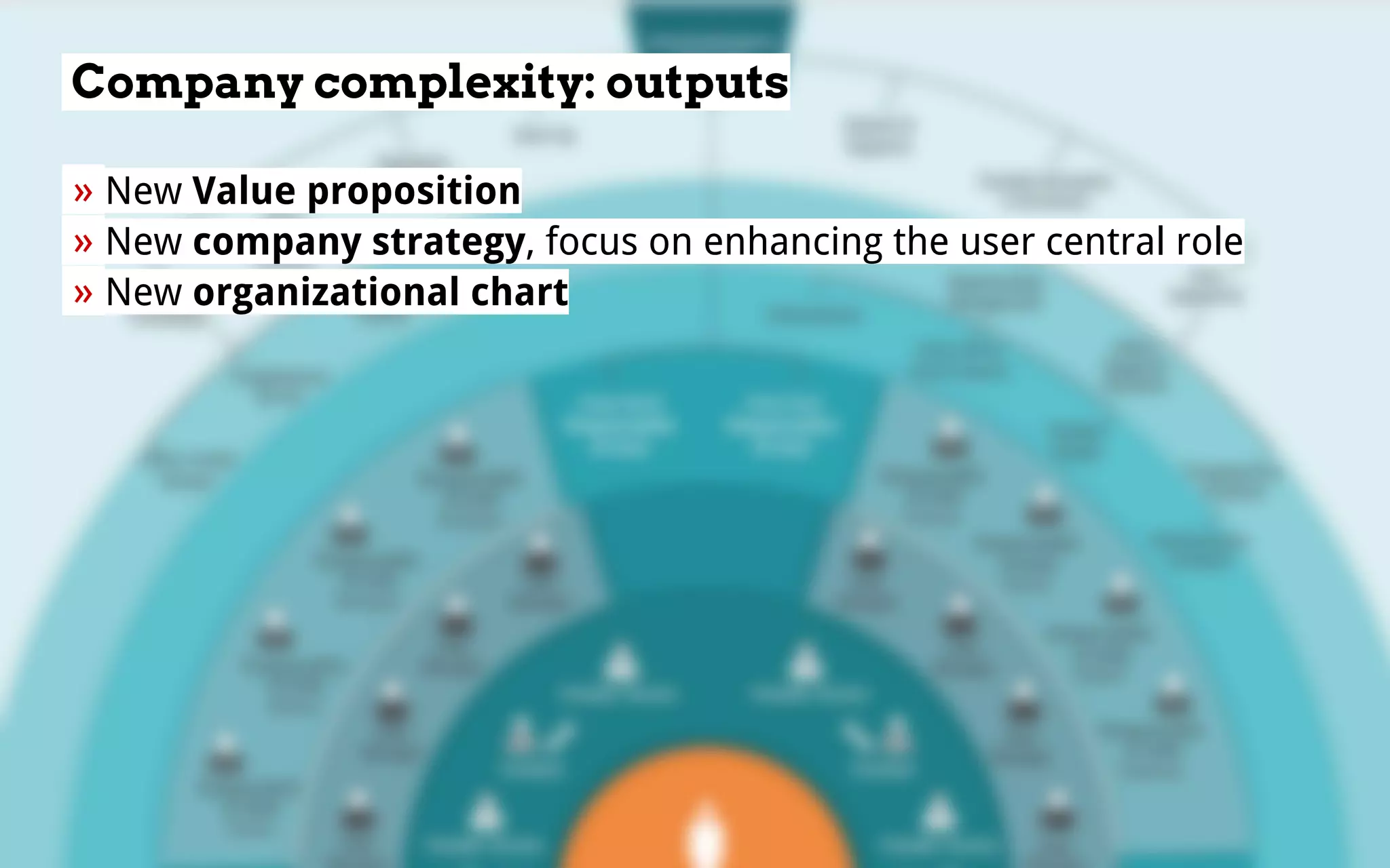 Company complexity: outputs
» New Value proposition 
» New company strategy, focus on enhancing the user central role 
» New organizational chart 
 