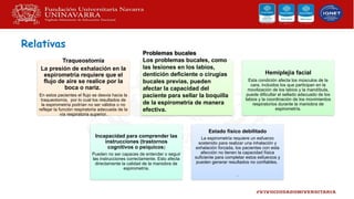 Traqueostomía
La presión de exhalación en la
espirometría requiere que el
flujo de aire se realice por la
boca o nariz.
En estos pacientes el flujo se desvia hacia la
traqueotomía, por lo cual los resultados de
la espirometría podrían no ser válidos o no
reflejar la función respiratoria adecuada de la
vía respiratoria superior.
Problemas bucales
Los problemas bucales, como
las lesiones en los labios,
dentición deficiente o cirugías
bucales previas, pueden
afectar la capacidad del
paciente para sellar la boquilla
de la espirometría de manera
efectiva.
Hemiplejia facial
Esta condición afecta los músculos de la
cara, incluidos los que participan en la
movilización de los labios y la mandíbula,
puede dificultar el sellado adecuado de los
labios y la coordinación de los movimientos
respiratorios durante la maniobra de
espirometría.
Incapacidad para comprender las
instrucciones (trastornos
cognitivos o psíquicos)
Pueden no ser capaces de entender o seguir
las instrucciones correctamente. Esto afecta
directamente la calidad de la maniobra de
espirometría.
Estado físico debilitado
La espirometría requiere un esfuerzo
sostenido para realizar una inhalación y
exhalación forzada, los pacientes con esta
afección no tienen la capacidad física
suficiente para completar estos esfuerzos y
pueden generar resultados no confiables.
.
Relativas
 