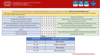 Puntuación Impacto calidad de vida
0 - 9 Bajo impacto
10 - 20 Impacto moderado
21 - 30 Alto impacto
31 - 40 Muy alto impacto
 