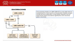 A los pacientes tratados con LABA+LAMA+ICS no se les debe retirar el
componente ICS a menos que los corticosteroides inhalados se hayan
iniciado de forma inadecuada, no haya habido respuesta a los ICS,
experimenten efectos secundarios significativos como neumonía
grave o recurrente.
 
