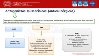 Antagonistas muscarínicos (anticolinérgicos)
Bloquean los receptores muscarínicos en el músculo liso bronquial, inhibiendo la acción de la acetilcolina. Esto reduce el
tono del músculo liso y provoca broncodilatación.
SAMA
LAMA
Acción corta
Duración 4-6 h
Acción larga
Duración 24 h
Tienen una disociación más lenta a
los receptores muscarínicos M3,
prolongando así la duración del
efecto broncodilatador.
Mejoran los síntomas, incluyendo
tos y expectoración
RAM
• Sequedad de boca, Irritación de
garganta.
• Ipratropio se asocia a sabor
metálico amargo.
• Retención urinaria
• Aumento de la presión intraocular.
• Estreñimiento.
 