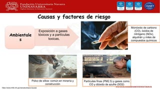 Causas y factores de riesgo
Exposición a gases
tóxicos y a partículas
toxicas.
Ambientale
s
Monóxido de carbono
(CO), óxidos de
nitrógeno (NOx),
alquitrán y miles de
compuestos químicos
Polvo de sílice: común en minería y
construcción
Partículas finas (PM2.5) y gases como
CO y dióxido de azufre (SO2)
https://www.nhlbi.nih.gov/es/salud/epoc/causas
 
