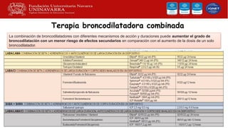 Terapia broncodilatadora combinada
La combinación de broncodilatadores con diferentes mecanismos de acción y duraciones puede aumentar el grado de
broncodilatación con un menor riesgo de efectos secundarios en comparación con el aumento de la dosis de un solo
broncodilatador.
 