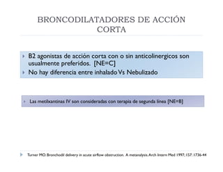 BRONCODILATADORES DE ACCIÓN
                     CORTA


   B2 agonistas de acción corta con o sin anticolinergicos son
    usualmente preferidos. [NE=C]
   No hay diferencia entre inhalado Vs Nebulizado



    Las metilxantinas IV son consideradas con terapia de segunda línea [NE=B]




    Turner MO. Bronchodil delivery in acute airflow obstruction. A metanalysis. Arch Intern Med 1997; 157: 1736-44
 