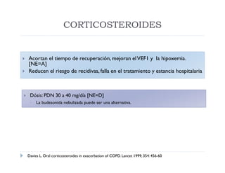 CORTICOSTEROIDES


   Acortan el tiempo de recuperación, mejoran el VEF1 y la hipoxemia.
    [NE=A]
   Reducen el riesgo de recidivas, falla en el tratamiento y estancia hospitalaria



    Dósis: PDN 30 a 40 mg/día [NE=D]
        La budesonida nebulizada puede ser una alternativa.




    Davies L. Oral corticosteroides in exacerbation of COPD. Lancet 1999; 354: 456-60
 